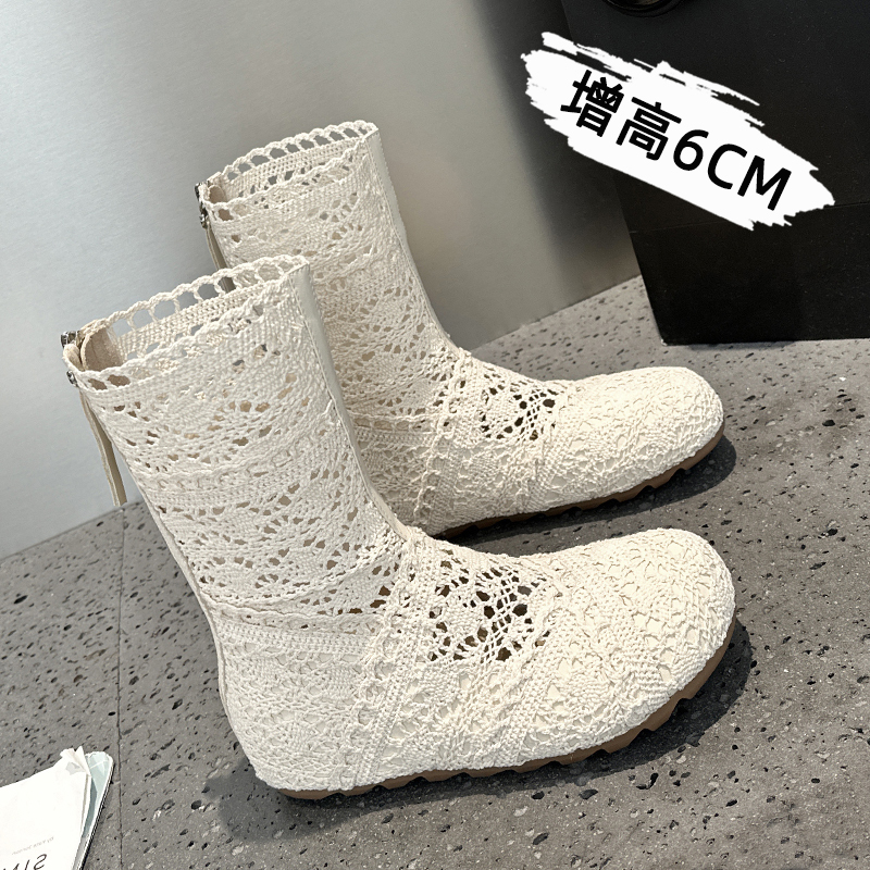 6cm Height-Increasing Women's Summer Lace-Up Mesh Breathable Perforated Boots with Thick Soles and High-Top German-Style Short Boots