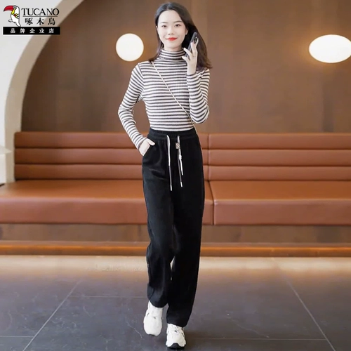 Демисезонные бархатные штаны, повседневные брюки, эластичная талия, свободный прямой крой, по фигуре, на шнурках