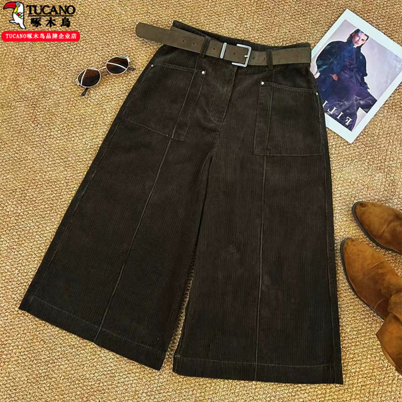 Woodpecker Retro British High-Waisted Corduroy Wide-Leg Pants for Women, New Autumn Style, Loose, Slimming, Versatile, Casual Cropped Pants