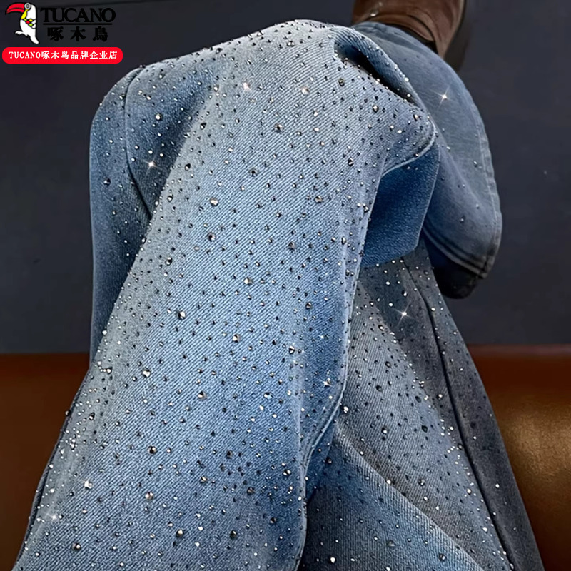 Woodpecker Rhinestone Jeans for Women 2026 New Straight-Leg Full Rhinestone Sparkling Wide-Leg Pants