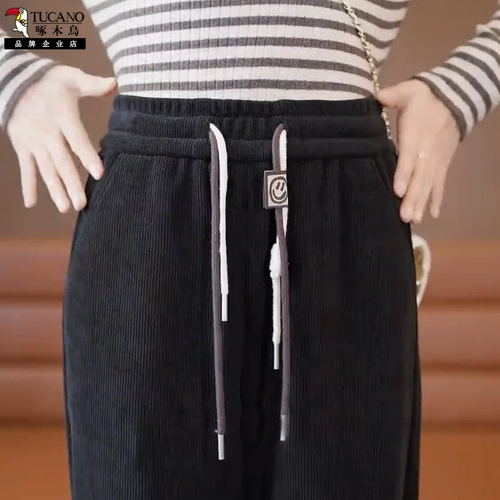 Демисезонные бархатные штаны, повседневные брюки, эластичная талия, свободный прямой крой, по фигуре, на шнурках