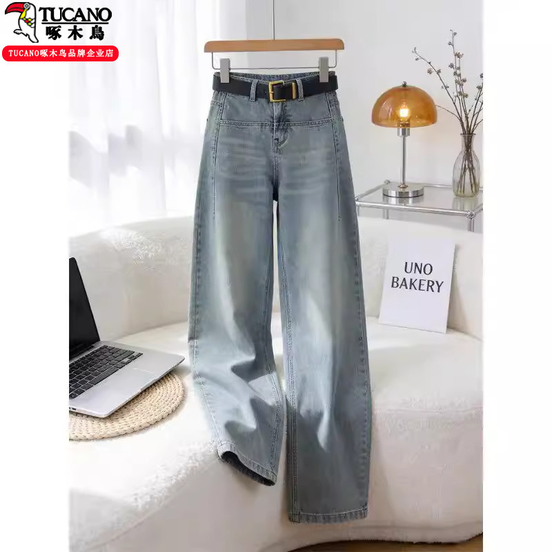 Woodpecker Light-Colored Denim Curved Pants for Women, New Spring Style, Casual Vintage Design, Slim-Fit Banana Narrow Version