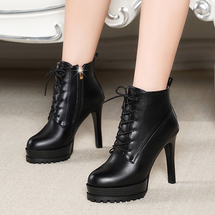 Martin Boots for Women, Waterproof Platform Lace-Up Short Boots, 2026 Autumn and Winter New Style, Black Versatile Round Toe Slimming High Heels with Thin Heels