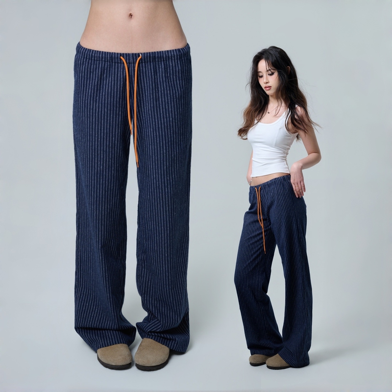 Joyhahh - Striped Narrow-Fit Low-Waist Cotton Straight-Leg Pants, Casual Versatile Long Pants for Women, Summer Drawstring Navy Blue Joyhahh - Striped Narrow-Fit Low-Waist Cotton Straight-Leg Pants, Casual Versatile Long Pants for Women, Summer Drawstring Navy Blue