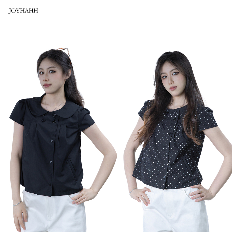 Joyhahh - Summer Retro Black Doll Collar Shirt, Short-Sleeved Polka Dot Slim-Fit Age-Reducing French Top