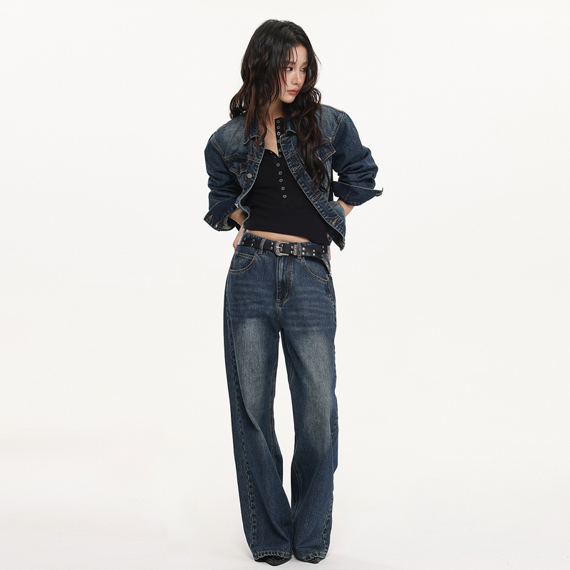 Starttheend American Retro Washed Denim Jacket Suit for Women Dark Blue Straight-Leg Jeans Two-Piece Set Starttheend American Retro Washed Denim Jacket Suit for Women Dark Blue Straight-Leg Jeans Two-Piece Set