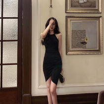 Black one-piece dress Women 2022 Summer new round collar Shoulder Bag Hip Open Fork Skirt Sexy Temperament Pleated Little Black Dress