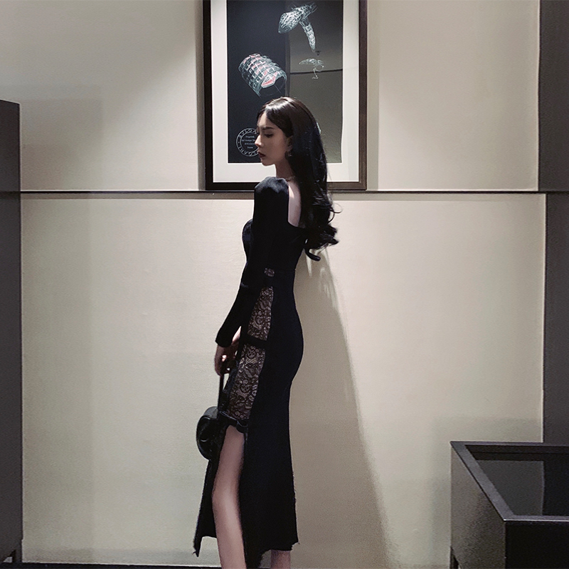 Knitted Ocean Dress Lady Autumn Winter Medium Long Version Closets Waist Display Slim Black Temperament Sexy Lace Open Fork Bag Hip Skirt Children