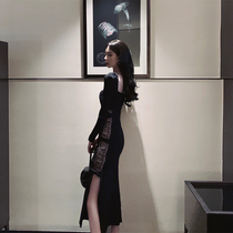 Knitted one-piece dress woman autumn and winter medium long collection waist display slim black temperament sexy lace open fork with hip skirt children