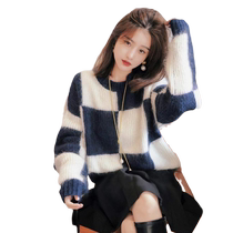 Contrast color rhombus sweater for women 2022 autumn and winter new style loose lazy style mohair retro design pullover top