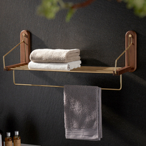 Bath towel rack non-perforated bathroom towel rack toilet rack wall hanging solid wood brass storage rack bathroom rack