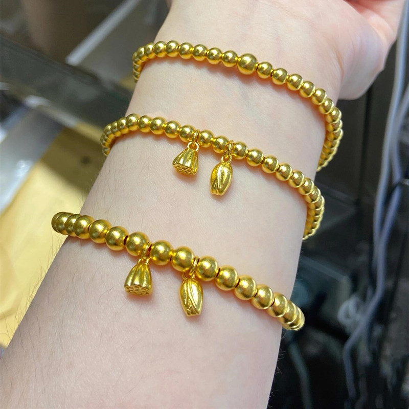 Gold-Plated Silver Ancient Craftsmanship Two-Generation Happiness Bracelet for Women, Golden Lotus Seedpod Fortune Beads Bracelet, Holiday Gift
