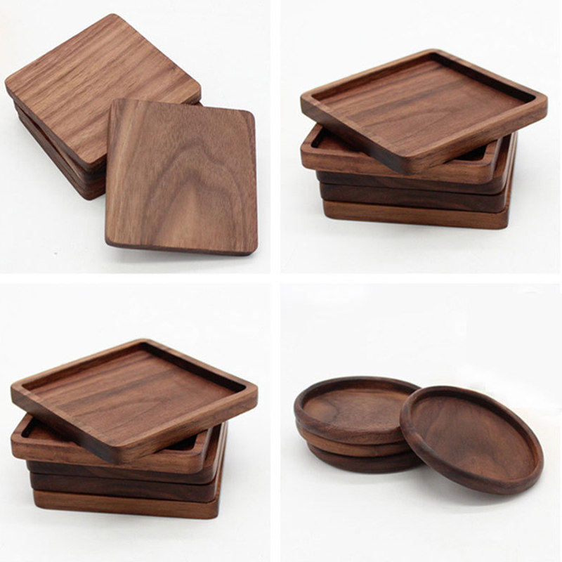 Black walnut wood square round cup mat Japanese creative solid wood insulation pad can customize logo wood whole wood tea pad