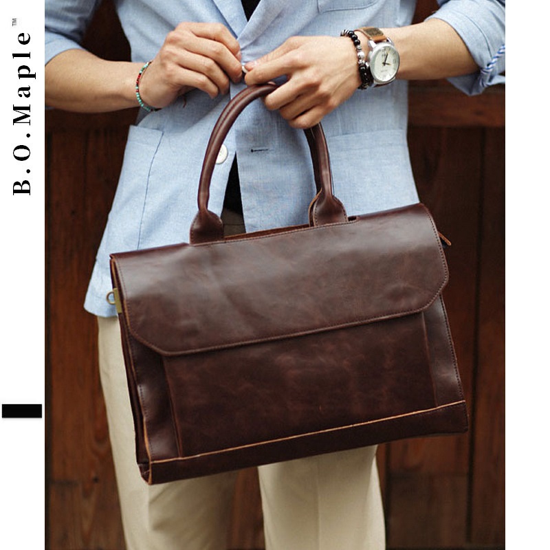 BOMaple New Trendy High-End Tote Bag Korean Edition Men's Bag Crazy Horse Skin One-Shoulder Cross-Body Business Computer Briefcase