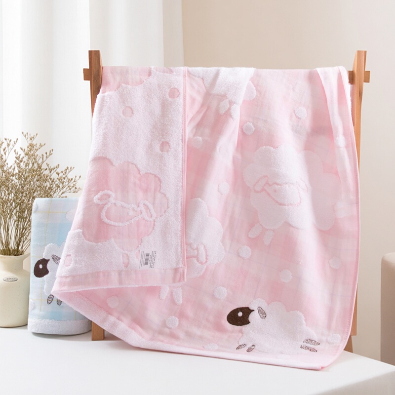 Gold Brand Pure Cotton Bath Towel, 100% Cotton Double-Layer Plaid Gauze Terry Combination, Soft, Comfortable, Absorbent, Cute Cartoon Design