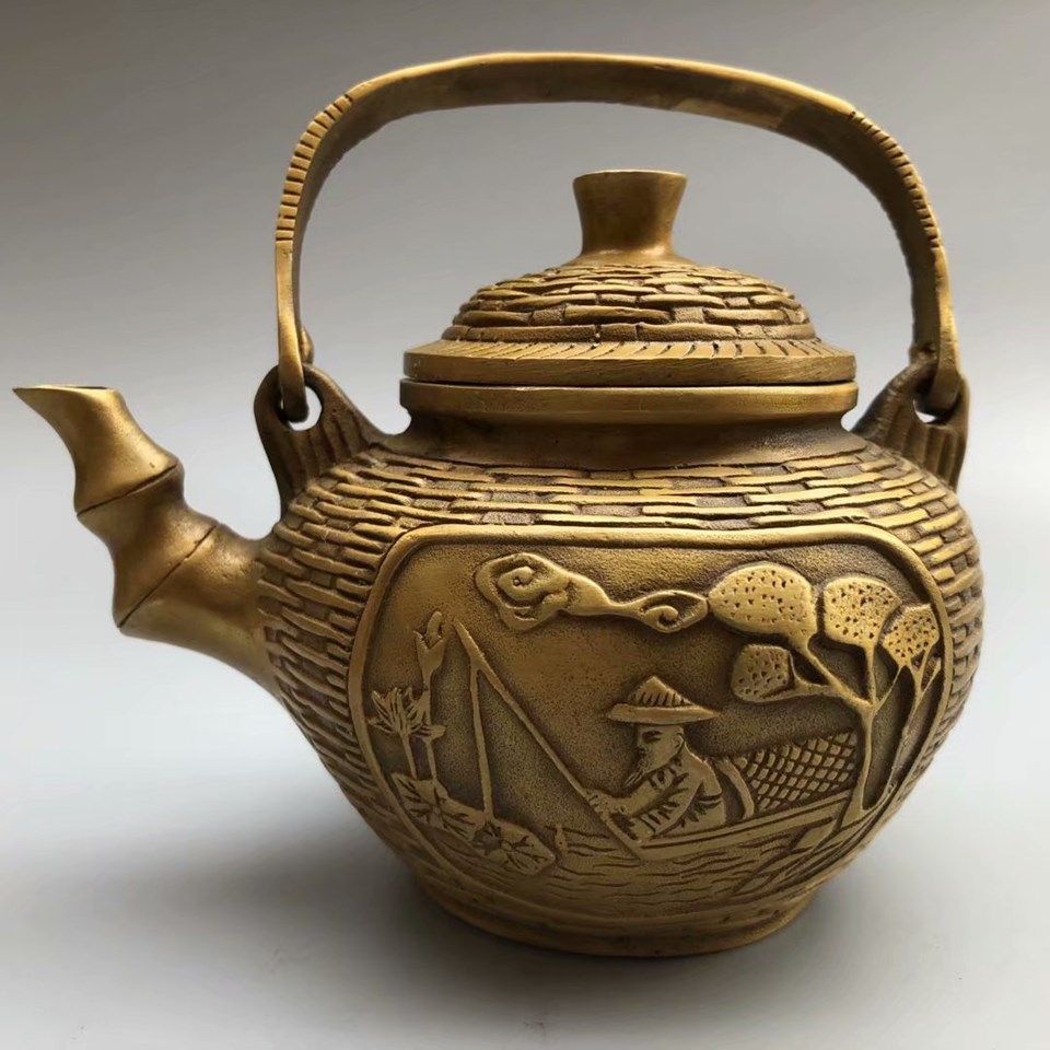 Antique Miscellaneous Copper Pot Jiang Taigong Fishing Fish Basket Pot Hine Pot Kettle Home Craft Decoration