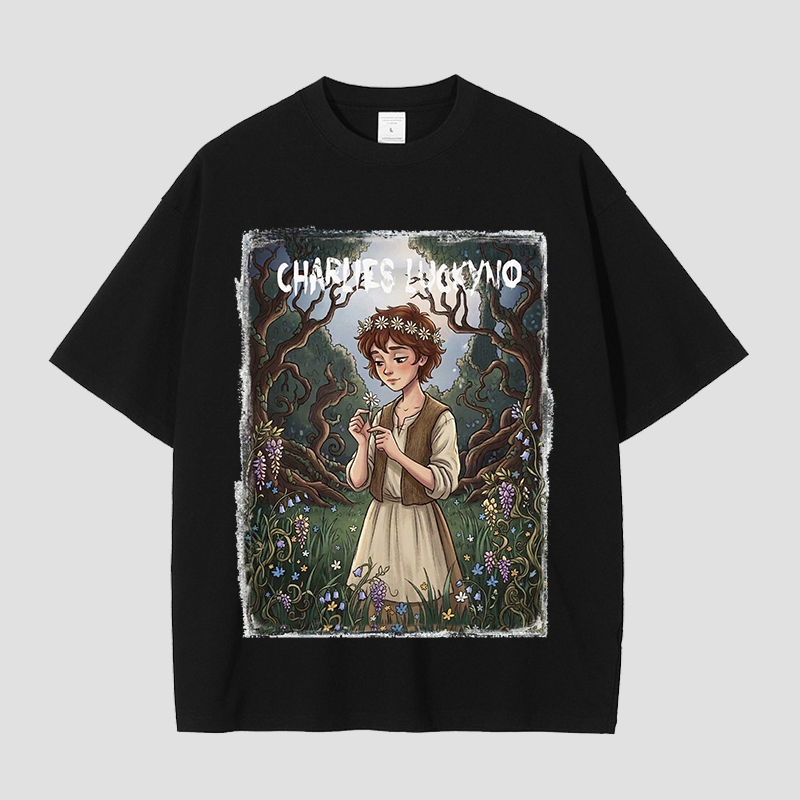 American-Style Trendy Brand Heavyweight Pure Cotton Digital Direct-Print Alice in Wonderland Celebrity-Inspired Couple's Short-Sleeve T-Shirt