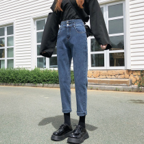 Plus velvet jeans womens straight tube loose 2021 Spring and Autumn New High waist slim pipe Harlan radish pants