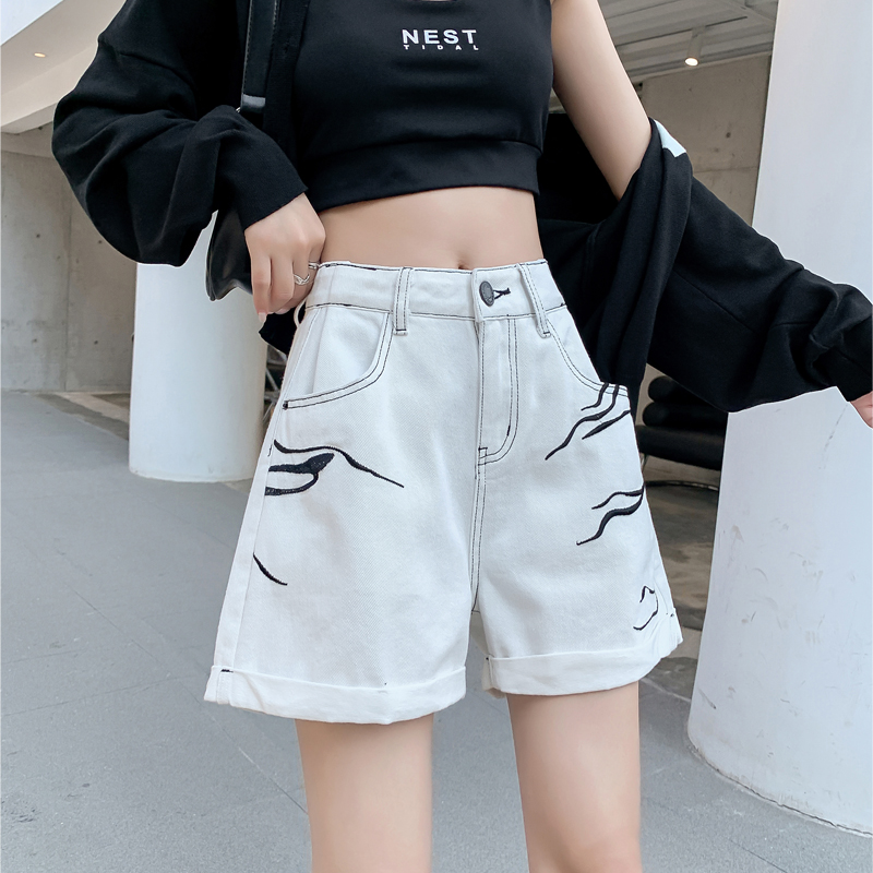 High waist jeans shorts female summer 2023 new small white A - word roll with loose, wide - legged hot bumps