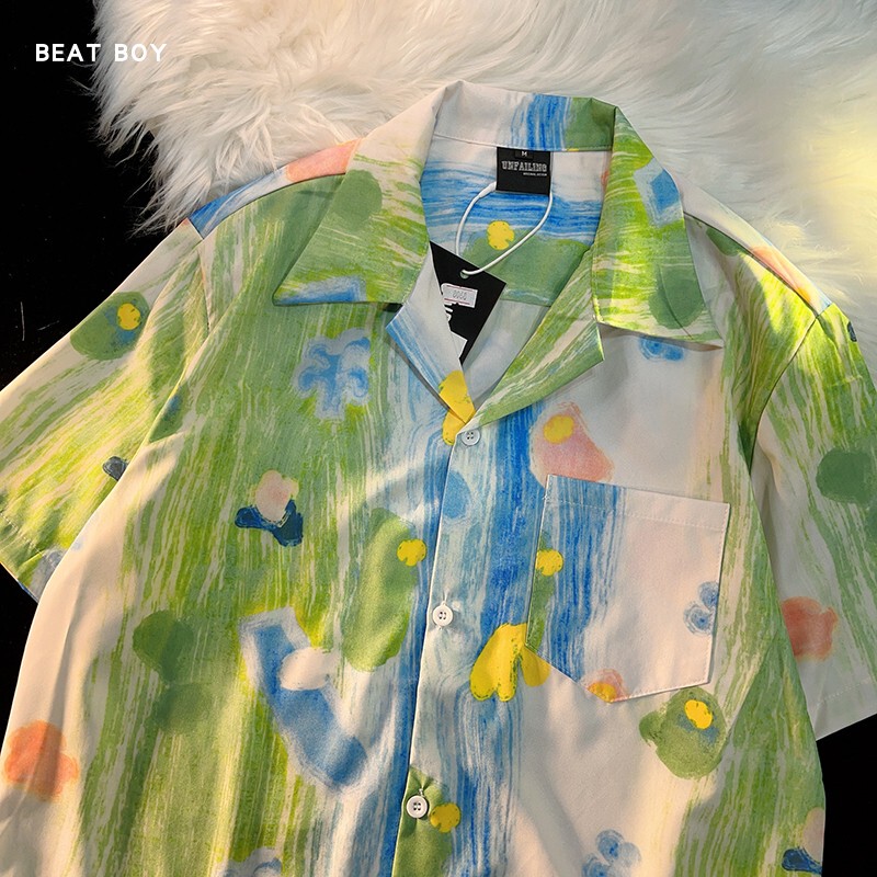 Summer Dopamine Escape Color-Block Graffiti All-Over Print Cuban Collar Loose Short-Sleeve Floral Shirt Unisex Bf Style Trendy Shirt