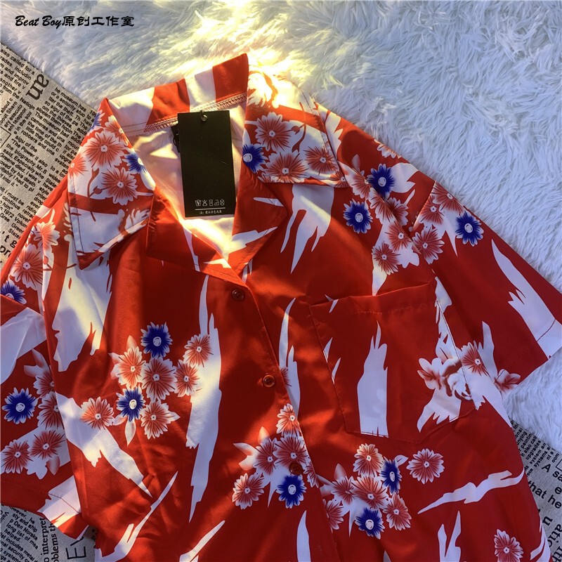 Interpret My Love with Your Heart Bkpp Same Style Red Hibiscus Shirt for Men and Women Thai Style Short-Sleeved Beach Shirt