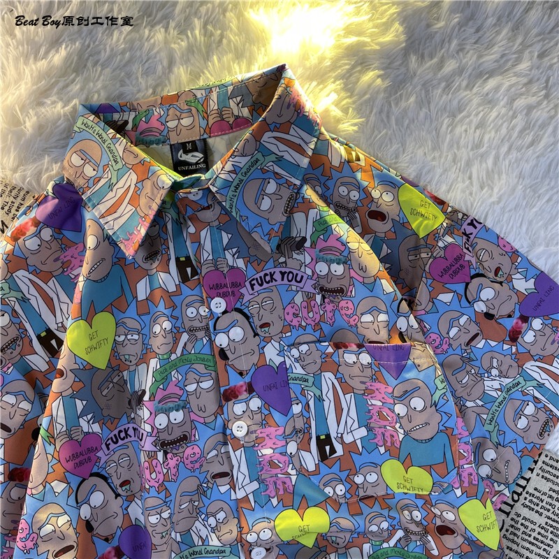 Rick and Morty Short-Sleeved Floral Shirt American Retro Vintage Unisex Cool National Trend Hong Kong Style Trendy Brand