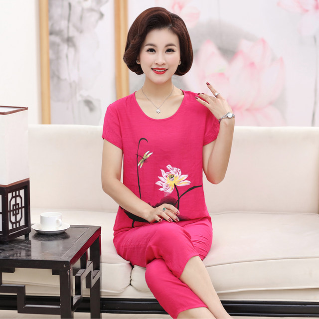 Mom summer suit middle-aged and elderly women's clothing summer silk silk two-piece middle-aged 40-50 years old loose short-sleeved T-shirt female