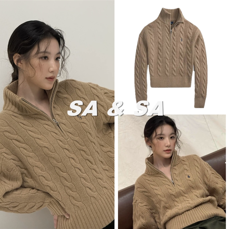 Ye Shuhua Style Stand Collar Half-Zip Cable Knit Khaki Sweater for Women, Autumn and Winter Loose Embroidered Knit Top