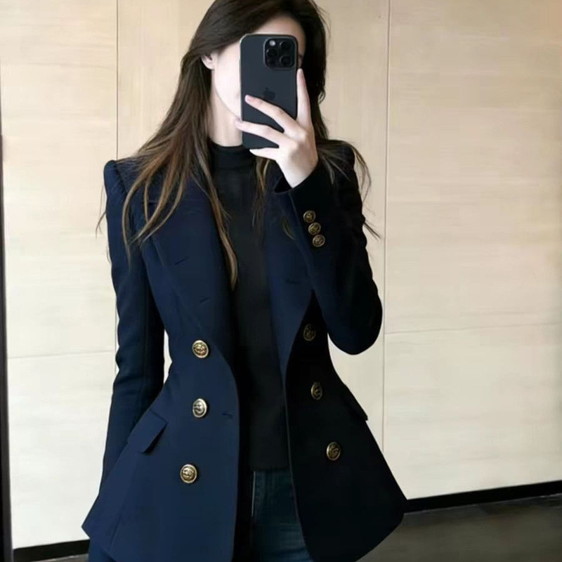 French-Style High-End Navy Blue Double-Breasted Suit, 2026 Spring New Model, Powerful and Stylish Commuter-Style Jacket