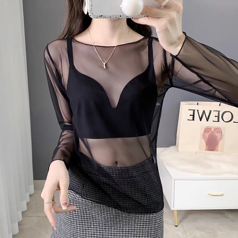 Solid Color Mesh Long-Sleeve Base Layer for Women, Spring, Summer, and Autumn, Sheer Tulle Sexy Top, Sun Protection Cover-Up, Plus Size 150kg