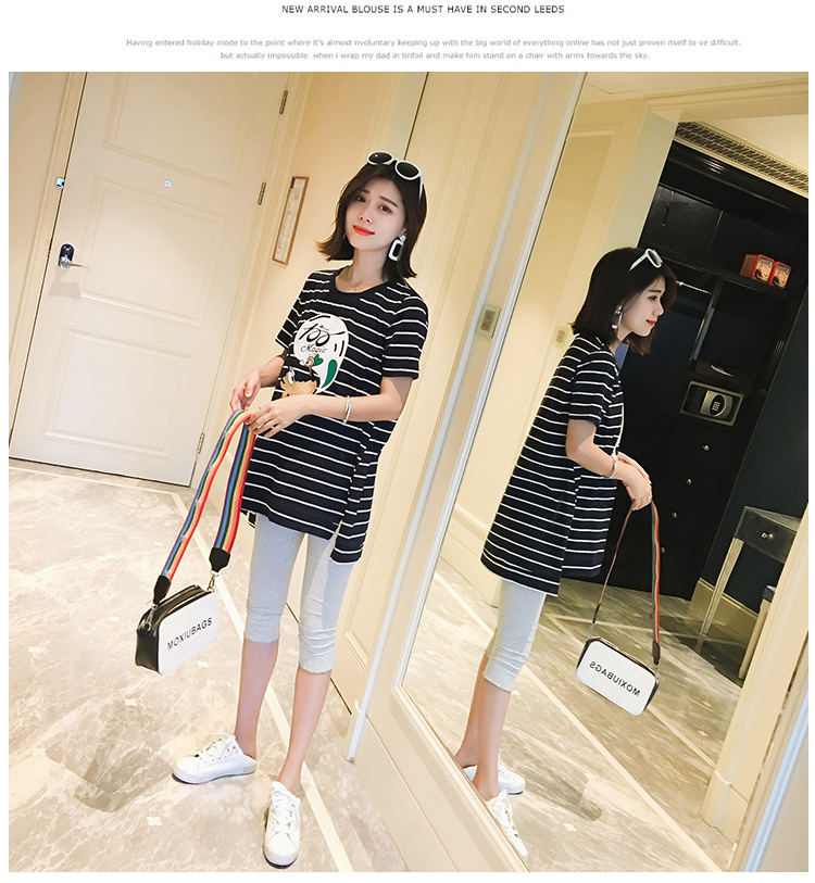 Thai sản váy mùa hè ngắn tay T-Shirt dài thời trang mùa hè 2018 new loose sọc cotton thai sản áo sơ mi