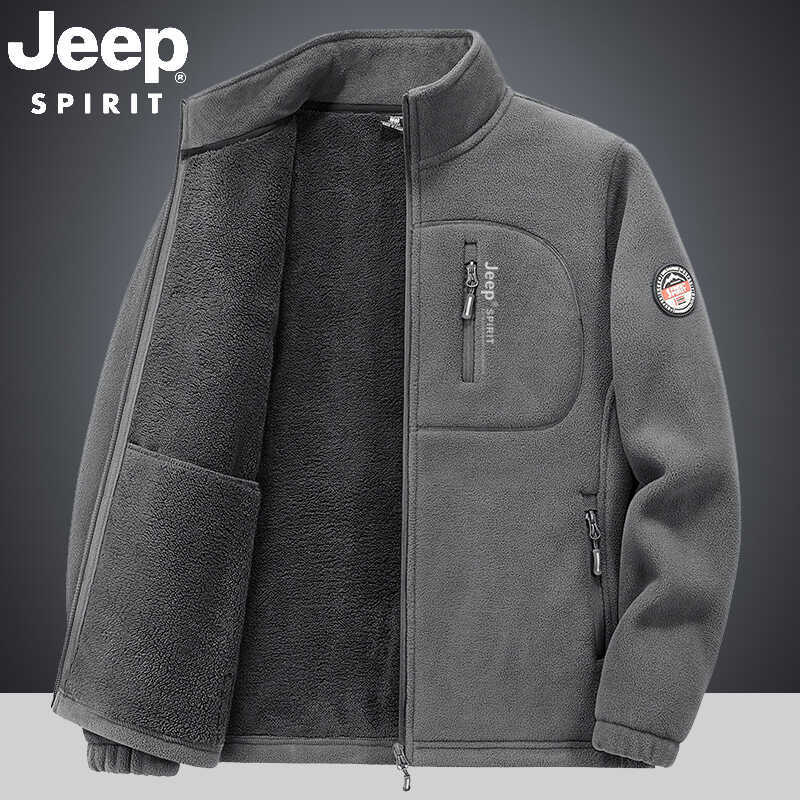 Jeep Fleece Jacket for Men, Autumn and Winter Stand Collar Fleece Jacket, Loose Fit, Thickened Cardigan Sweatshirt for Men