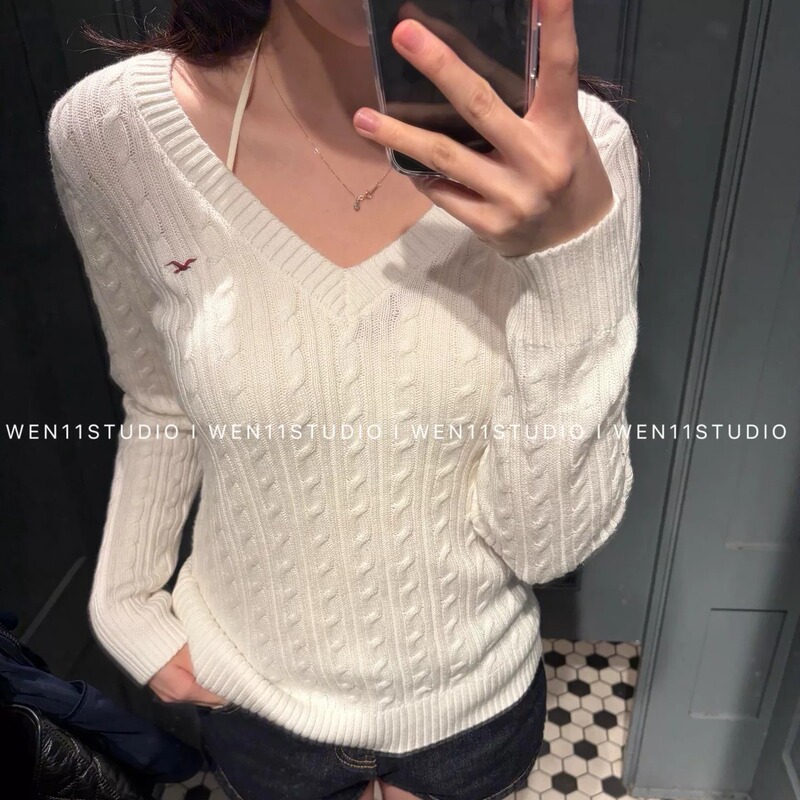25 Autumn/Winter Hot Girl Commuting Little Seagull V-Neck Cable Knit Sweater Casual College Style Twist Knit Slim Fit Top