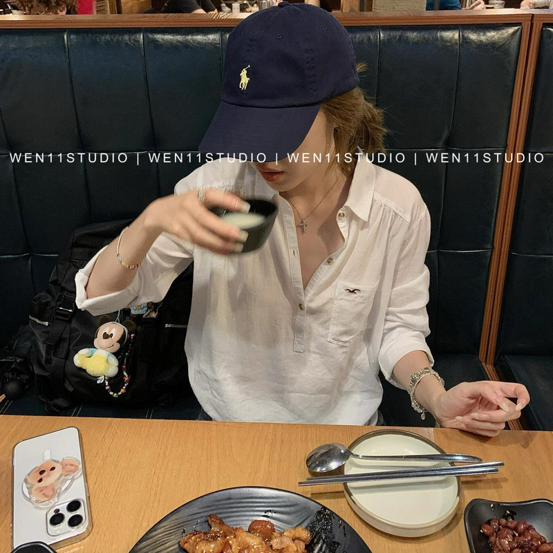 25 Summer Hot Girl Style Commuter Small Seagull White Shirt Button-Up Loose Polo Collar Casual American-Style Shirt Drapey Top