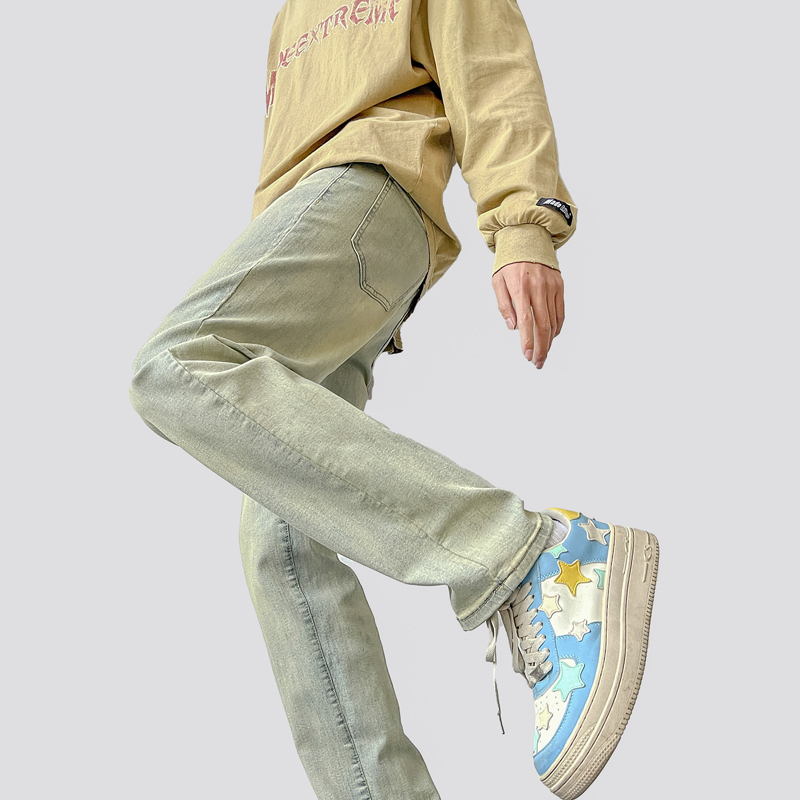 Summer American High Street Style Yellow Mud-Dyed Jeans for Men, Slim Fit, Washed, Vintage, Loose Straight-Leg Pants