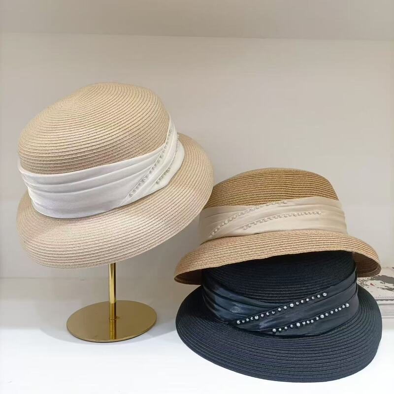 French-Style Hepburn-Style Straw Hat for Women, Summer Seaside Elegant Sunshade Lampshade Hat, Beach Vacation Handmade Pearl Sun Hat