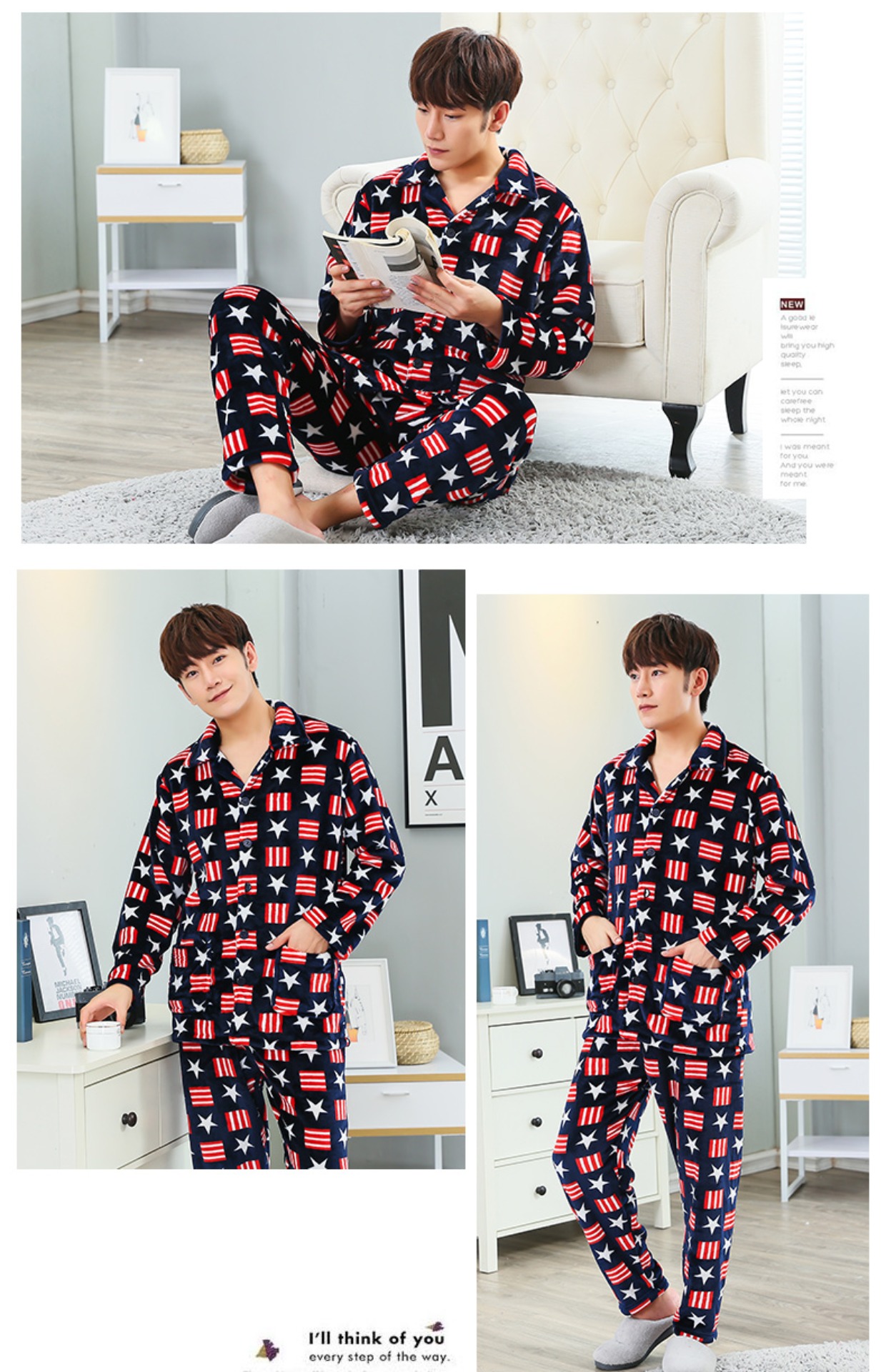 Mùa xuân và mùa thu san hô lông cừu nam đồ ngủ phần mỏng mùa xuân và mùa thu flannel mùa đông dày mùa đông dịch vụ nhà phù hợp - Nam giới đồ pijama nam trung niên
