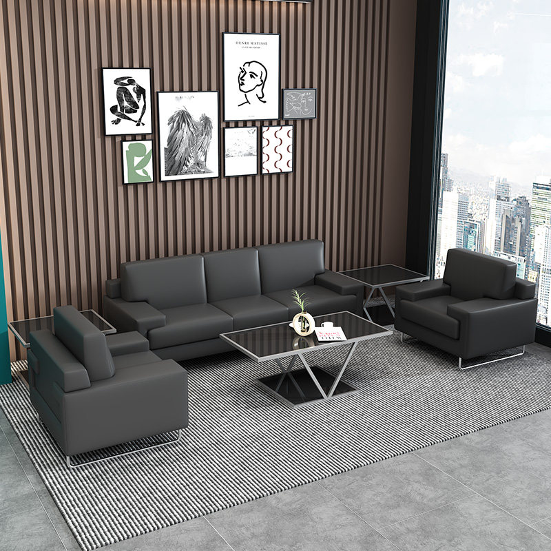 Minimalist modern owner's office sofa Reception guests genuine leather business office sofa tea table combined trio position