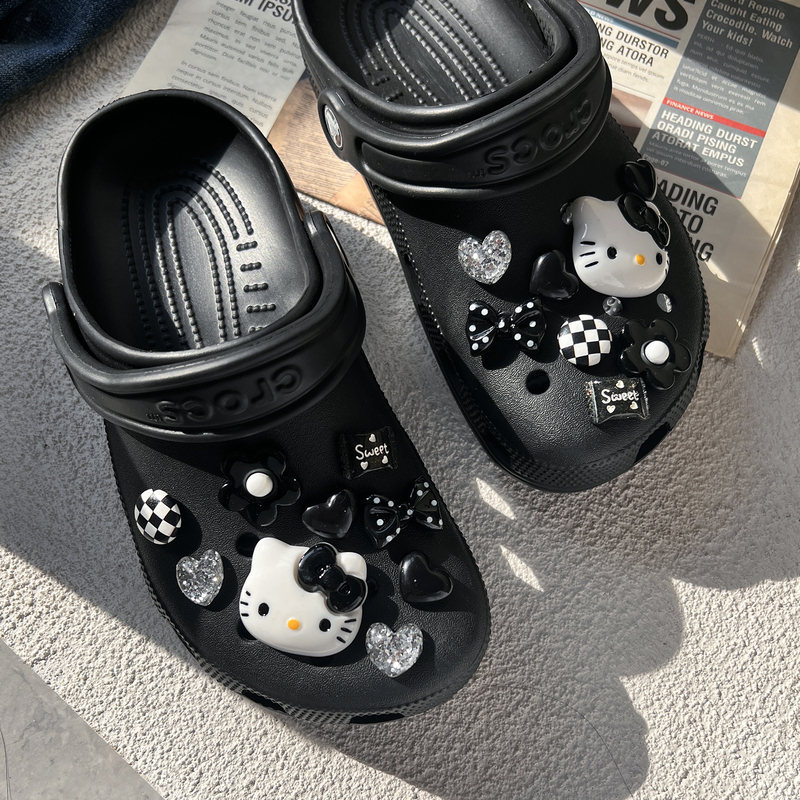 Cartoon Clog Shoe Accessories DIY Black and White Checkered Cat Crocs Shoe Charms Compatible with Crocs Clog Shoe Accessories Clips
