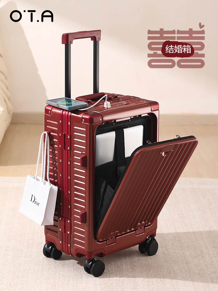 OTA mở trước vali nữ xe đẩy trường hợp nhỏ nội trú màu đỏ tía cưới cô dâu bền của hồi môn vali vali kéo du lịch 