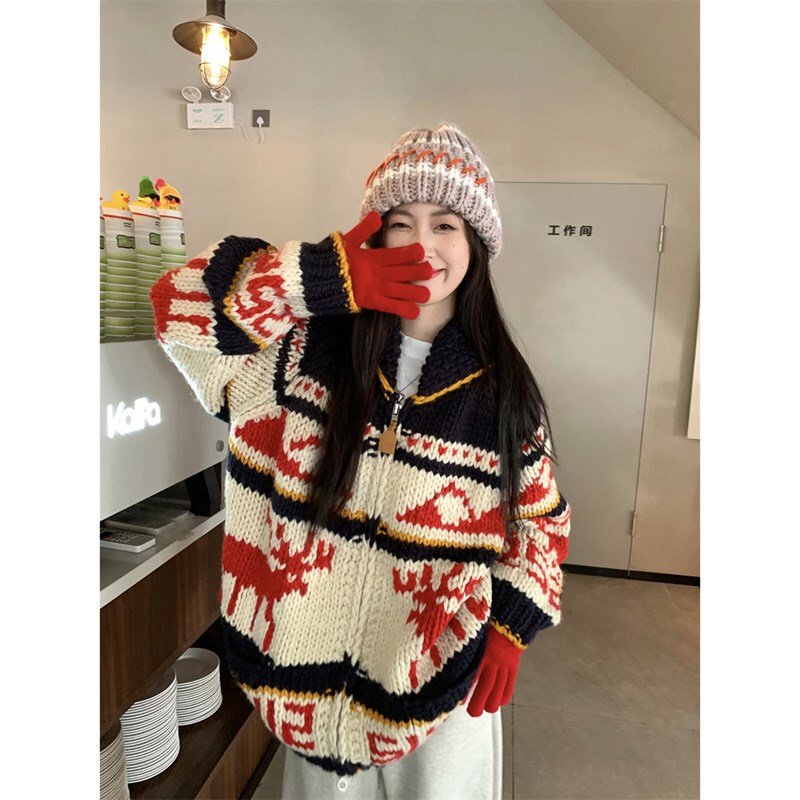 Atmospheric Heavy-Duty Christmas Red Fair Isle Zipper Sweater Jacket for Women, Autumn and Winter Thickened Lazy Style Knitted Cardigan
