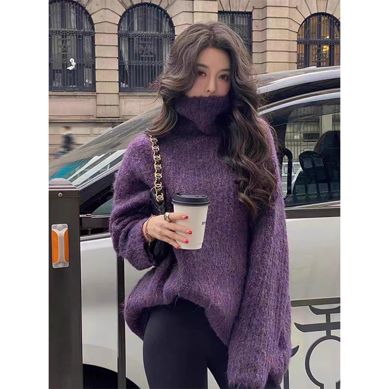 Mid-Length Grape Purple Mohair Turtleneck Sweater for Women, Thickened for Autumn and Winter, Korean Style, Lazy Style Pullover Knitwear