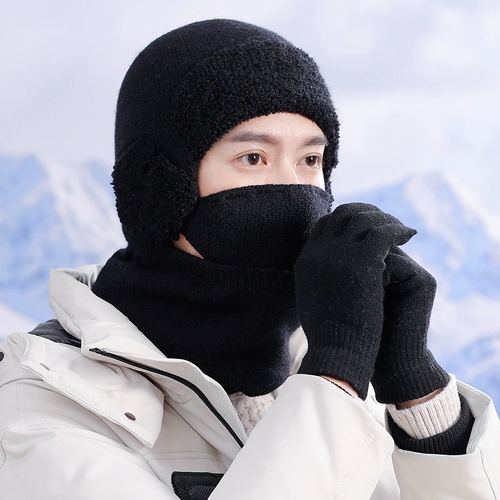 Шапка, зимний шарф, трикотажный комплект, перчатки, удерживающая тепло медицинская маска, увеличенная толщина, 3 предмета