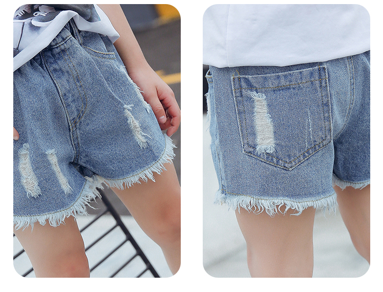 Quần short denim trẻ em mặc mèo đầu thêu mùa hè nóng quần ở trẻ em phần mỏng lỗ bông cô gái lỏng lẻo quần