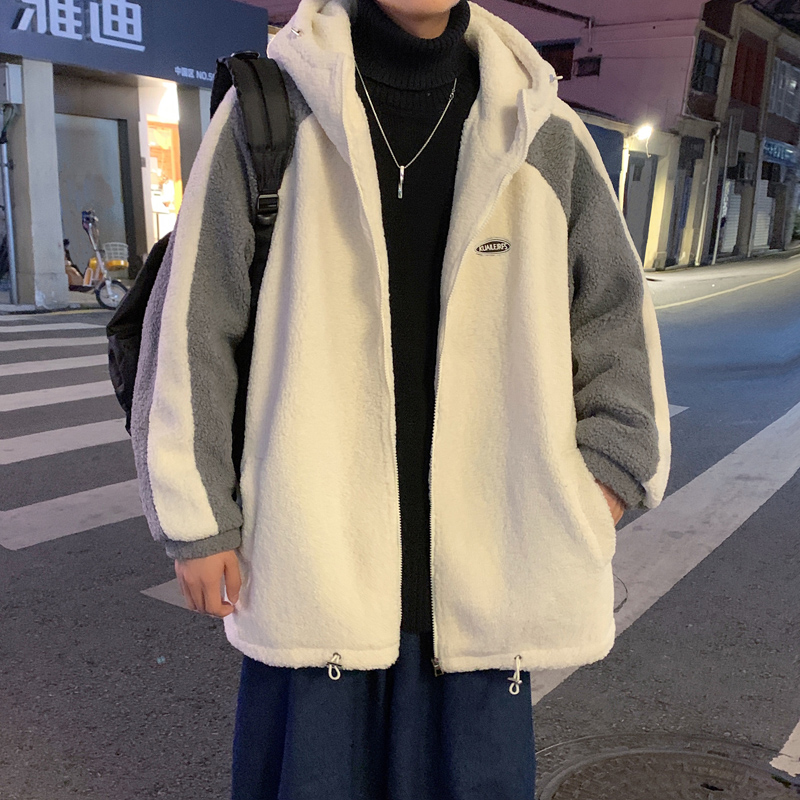 Fleece and thick coat men's autumn and winter trend Korean version of high school students fat big size handsome hooded lamb wool cotton coat