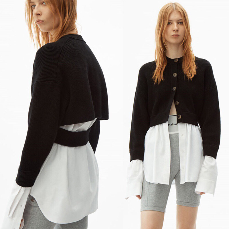 2021 Spring Autumn New Black Hump Color Fake two splicing lining clothes Knitted Cardiovert Lady Cardiovert Sweater Jacket