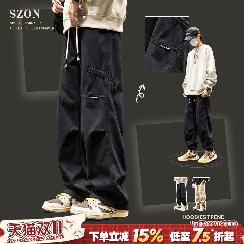 Men's Cargo Pants 2026 Spring and Autumn Loose Fit Men's Drawstring Straight Pants Patchwork Pleated American Style Trendy Men's Paratrooper Pants Men's Cargo Pants 2026 Spring and Autumn Loose Fit Men's Drawstring Straight Pants Patchwork Pleated American Style Trendy Men's Paratrooper Pants