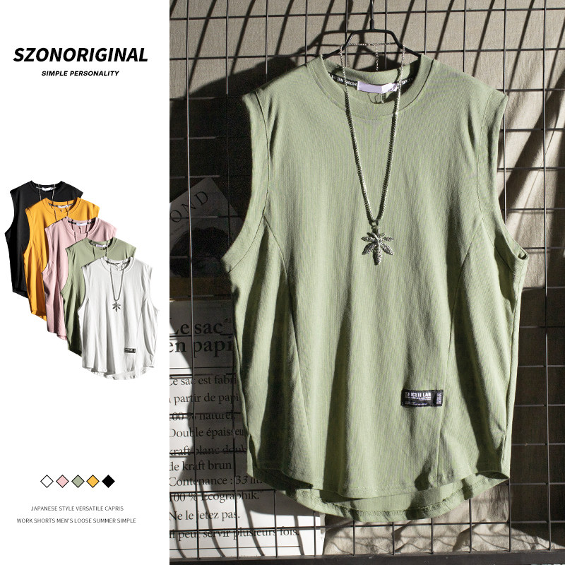 Sleeveless vest Men's Chains Comeback Wash Pure color Summer outwear Personality Trend Splicing Loose shoulder T-shirt