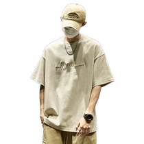 Short-sleeved mens summer American retro letter embroidery casual five-quarter sleeve trendy brand heavy cotton half-sleeved t-shirt ins