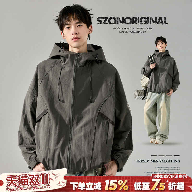 Men's Autumn Trendy Workwear Outdoor Loose-Fitting Jacket American Style Cool Functional Hooded Windproof Coat